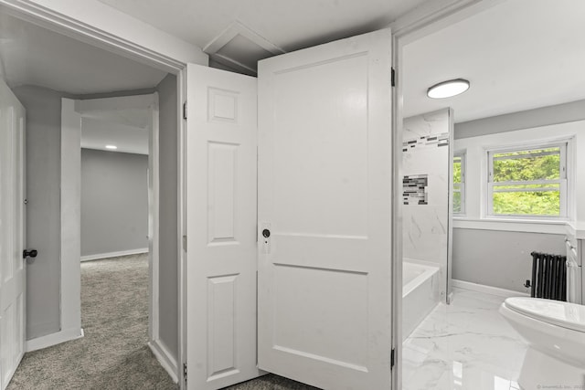 182 Rte 66, Columbia, CT 06237 - full bathroom with radiator heating unit, toilet, baseboards, marble finish floors, and shower / tub combination