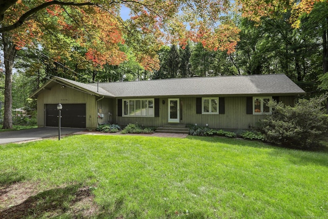 174 Kohanza St, Danbury, CT 06811 - ranch-style house featuring driveway, an attached garage, a front yard, and a shingled roof
