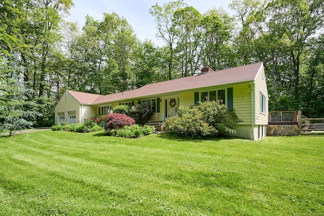 111 Deforest Rd, Wilton, CT 06897 - ranch-style home with a front lawn, a chimney, and an attached garage