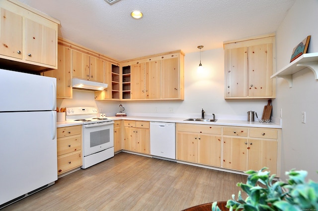 15 Highland St Apt 106, West Hartford, CT 06119 - kitchen with white appliances, open shelves, light brown cabinetry, and under cabinet range hood