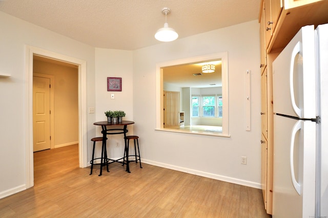 15 Highland St Apt 106, West Hartford, CT 06119 - kitchen with freestanding refrigerator, light wood-style floors, baseboards, and decorative light fixtures