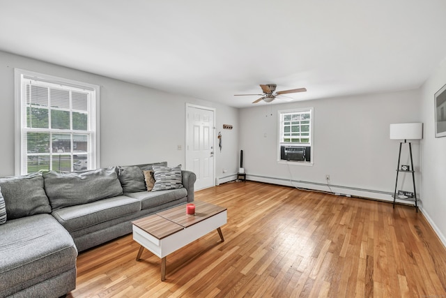living room featuring a baseboard radiator, ceiling fan, light wood-style floors, and baseboard heating