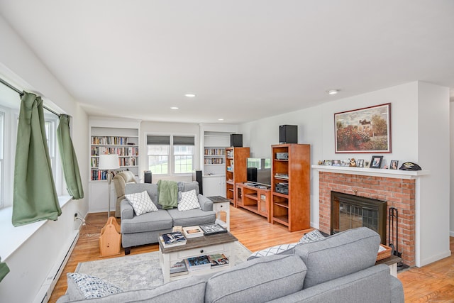 3 Lambert Ln Unit 3, Brookfield, CT 06804 - living area with a fireplace, light wood-style flooring, recessed lighting, baseboards, and baseboard heating