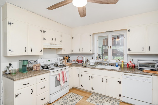 3 Lambert Ln Unit 3, Brookfield, CT 06804 - kitchen with white appliances, under cabinet range hood, a sink, ceiling fan, and white cabinets