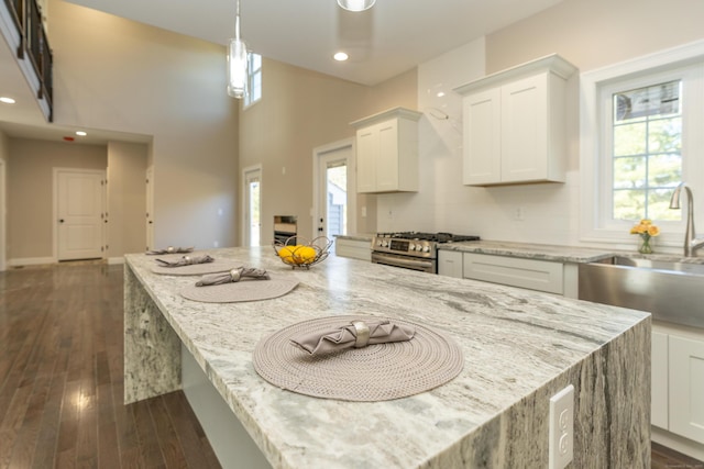 2 Stratton Farms Rd, Suffield, CT 06093 - kitchen with stainless steel gas stove, a large island, white cabinets, dark wood-style floors, and a sink