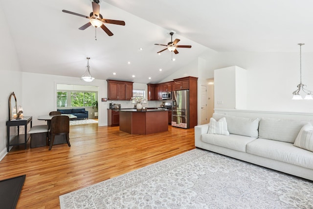 2 Red Fox Run, Wolcott, CT 06716 - living area featuring ceiling fan, light wood finished floors, recessed lighting, and high vaulted ceiling