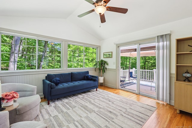 2 Red Fox Run, Wolcott, CT 06716 - living room featuring lofted ceiling, plenty of natural light, ceiling fan, wood finished floors, and wainscoting