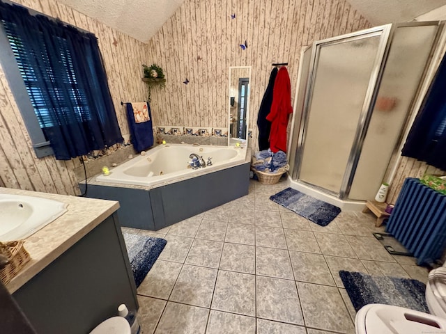 23 Old Mill Rd, Clinton, CT 06413 - full bath with a shower stall, wallpapered walls, a jetted tub, tile patterned flooring, and a textured ceiling