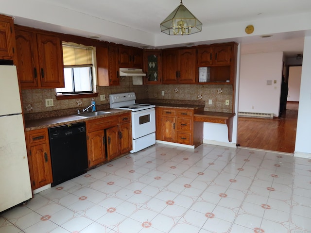 110 Bond St Unit 5B, Hartford, CT 06114 - kitchen with white appliances, under cabinet range hood, a baseboard radiator, light floors, and a sink
