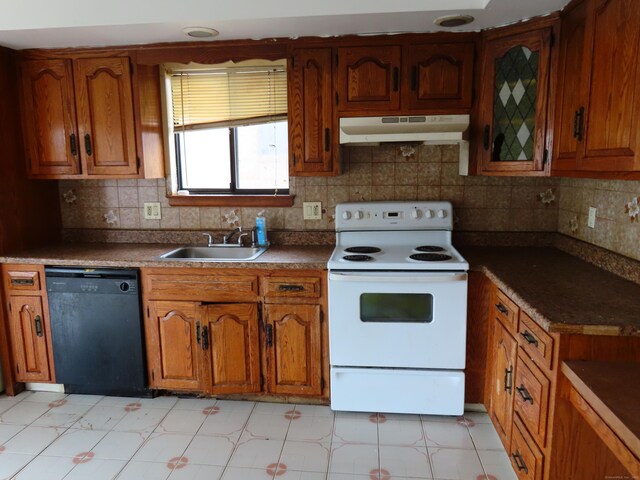 110 Bond St Unit 5B, Hartford, CT 06114 - kitchen featuring dishwasher, electric stove, under cabinet range hood, a sink, and brown cabinets