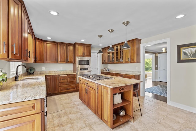 190 Bayview Blvd, Stratford, CT 06615 - kitchen with a sink, appliances with stainless steel finishes, open shelves, recessed lighting, and light stone countertops