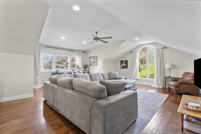 190 Bayview Blvd, Stratford, CT 06615 - living area with lofted ceiling, ceiling fan, wood finished floors, baseboards, and recessed lighting