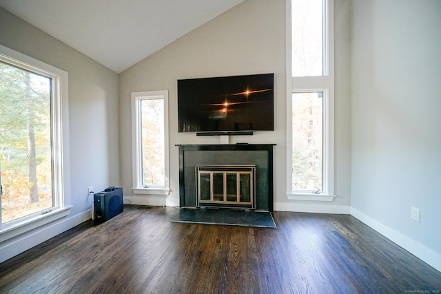 8 Bruce Ln, Avon, CT 06001 - unfurnished living room with wood finished floors, a glass covered fireplace, baseboards, and high vaulted ceiling