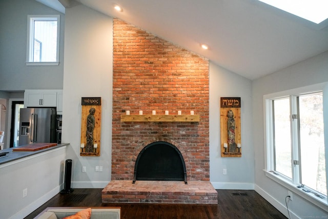 8 Bruce Ln, Avon, CT 06001 - unfurnished living room featuring dark wood-style flooring, baseboards, healthy amount of natural light, and high vaulted ceiling