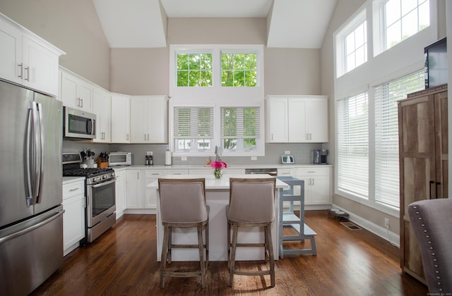 78 Copper Square Dr Unit 78, Bethel, CT 06801 - kitchen featuring appliances with stainless steel finishes, high vaulted ceiling, light countertops, dark wood-type flooring, and tasteful backsplash