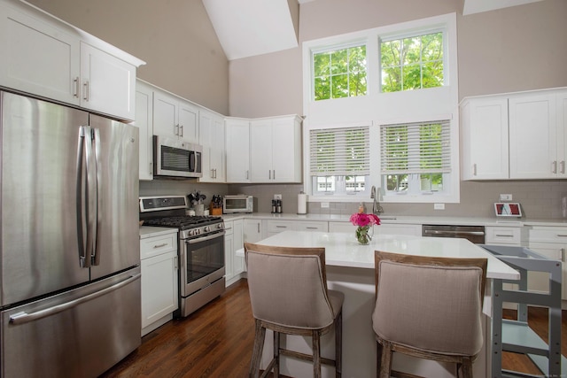 78 Copper Square Dr Unit 78, Bethel, CT 06801 - kitchen with stainless steel appliances, decorative backsplash, high vaulted ceiling, light countertops, and white cabinetry