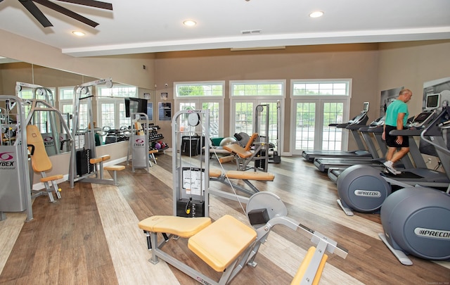 78 Copper Square Dr Unit 78, Bethel, CT 06801 - gym featuring ceiling fan, recessed lighting, light wood-style floors, and french doors