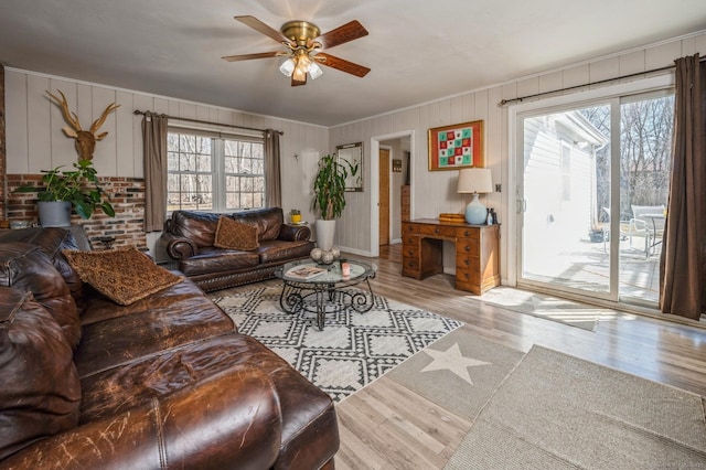 90 Akbar Rd, Stamford, CT 06902 - living room featuring ceiling fan, wood finished floors, and crown molding