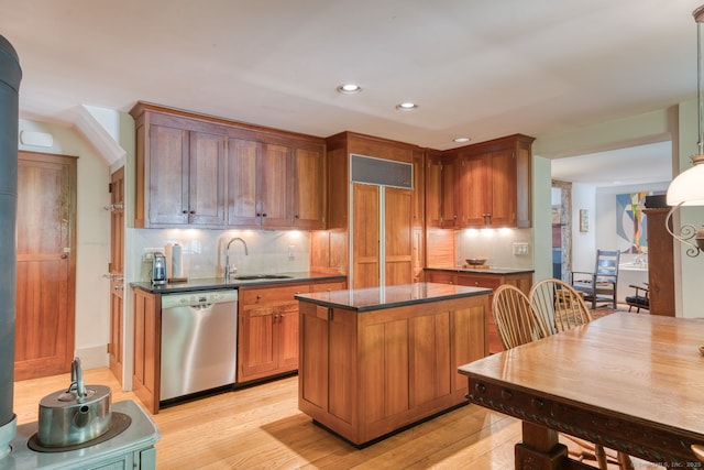 80 W Main St, Chester, CT 06412 - kitchen featuring dishwasher, a sink, dark countertops, tasteful backsplash, and recessed lighting