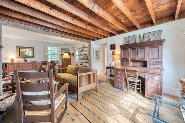 80 W Main St, Chester, CT 06412 - living area with wooden ceiling with exposed beams, light wood-style flooring, and a desk