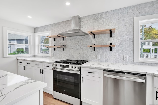119 Melba St, Milford, CT 06460 - kitchen with appliances with stainless steel finishes, extractor fan, open shelves, plenty of natural light, and recessed lighting