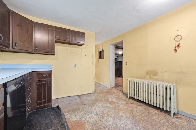 3 Indian Hill Ave, Portland, CT 06480 - kitchen featuring radiator heating unit, black dishwasher, dark brown cabinets, and light countertops
