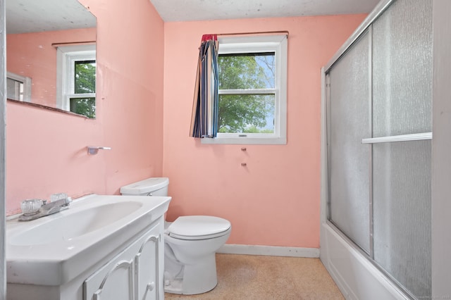 3 Indian Hill Ave, Portland, CT 06480 - bathroom with toilet, vanity, baseboards, and bath / shower combo with glass door