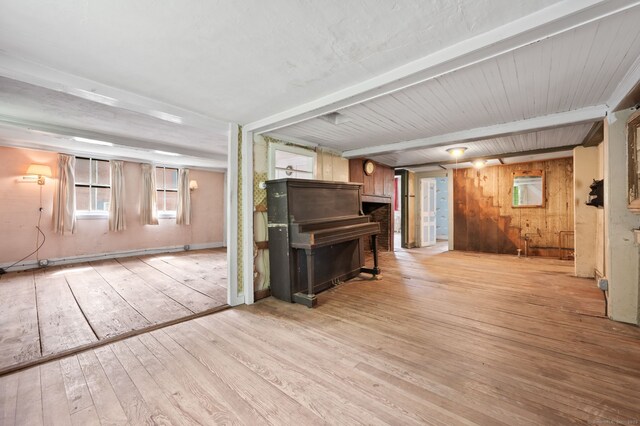 3 Indian Hill Ave, Portland, CT 06480 - living room featuring wood-type flooring, beamed ceiling, and wood walls