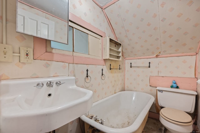 3 Indian Hill Ave, Portland, CT 06480 - bathroom featuring wallpapered walls, a sink, vaulted ceiling, and toilet