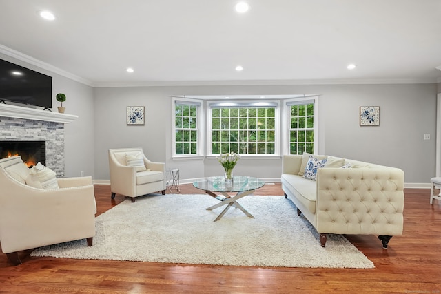 22 Fox Run, Wilton, CT 06897 - living room with ornamental molding, a fireplace, wood finished floors, baseboards, and recessed lighting