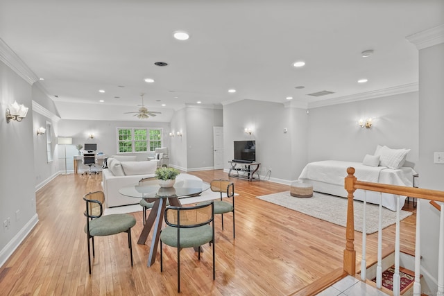 22 Fox Run, Wilton, CT 06897 - dining room with ornamental molding, light wood-style floors, recessed lighting, baseboards, and ceiling fan