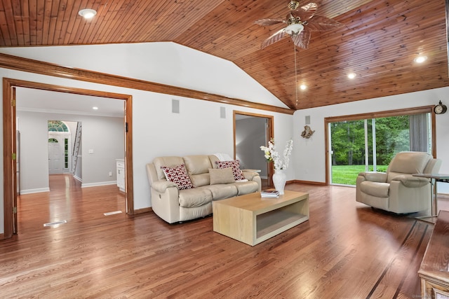 22 Fox Run, Wilton, CT 06897 - living room with lofted ceiling, wood ceiling, ceiling fan, light wood-style flooring, and recessed lighting