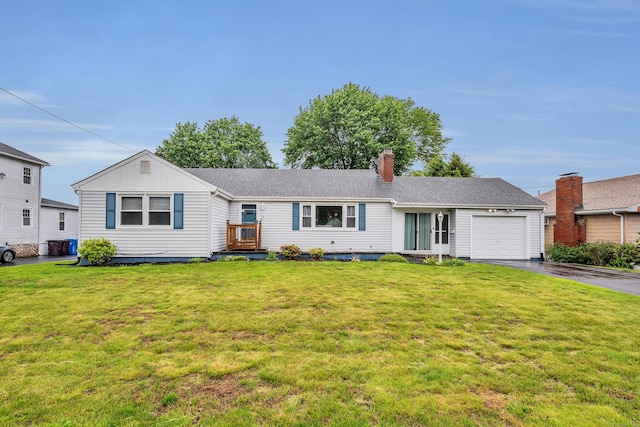 74 Belmont St, New Britain, CT 06053 - ranch-style house featuring driveway, an attached garage, a front yard, and a chimney