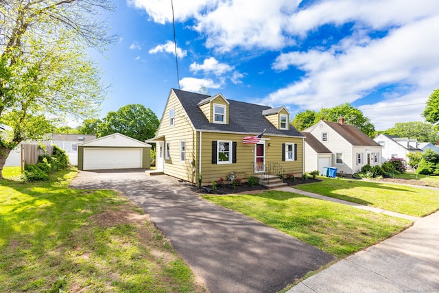 12 Pleasant Dr, Hamden, CT 06514 - cape cod house with an outdoor structure, a garage, a front lawn, and roof with shingles