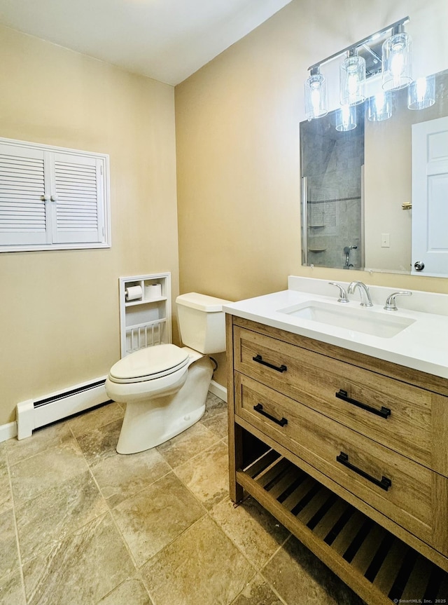 57 Quailcrest Rd, East Lyme, CT 06333 - full bath featuring baseboard heating, toilet, vanity, tiled shower, and baseboards