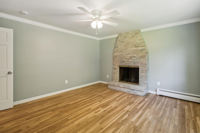 57 Quailcrest Rd, East Lyme, CT 06333 - unfurnished living room with ornamental molding, light wood-style flooring, ceiling fan, a fireplace, and baseboards