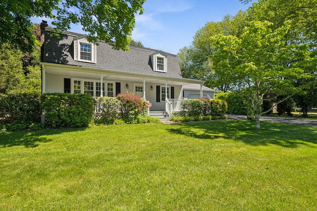 57 Quailcrest Rd, East Lyme, CT 06333 - view of front of property featuring a porch, a front yard, roof with shingles, and a chimney