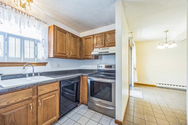 757 Lake Ave Apt 3, Bristol, CT 06010 - kitchen with electric range, black dishwasher, under cabinet range hood, baseboard heating, and light tile patterned floors
