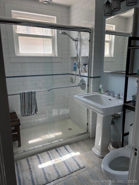 bathroom featuring healthy amount of natural light, a stall shower, toilet, and a sink