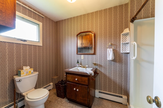 full bath featuring a baseboard radiator, toilet, vanity, and wallpapered walls