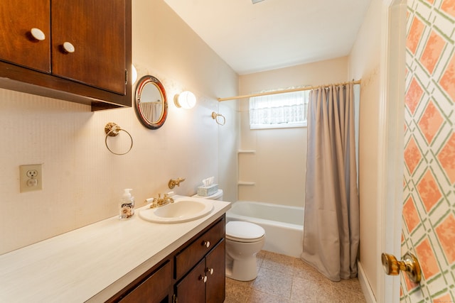full bath featuring toilet, shower / tub combo with curtain, and vanity