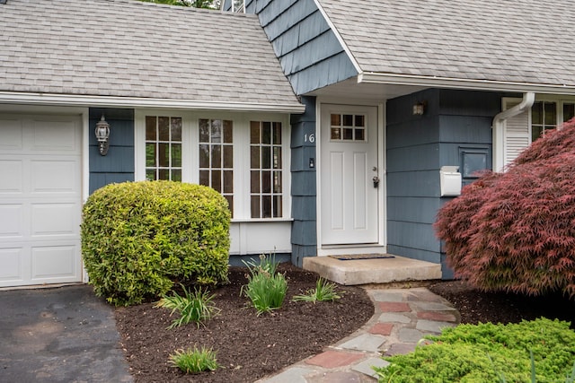 doorway to property featuring roof with shingles, a garage, and driveway