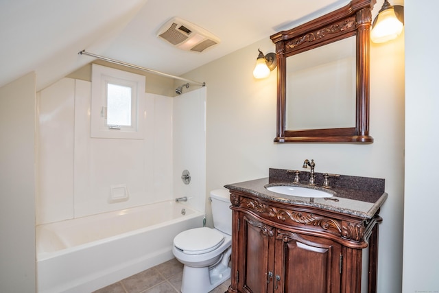 bathroom featuring toilet, tile patterned flooring, bathing tub / shower combination, lofted ceiling, and vanity