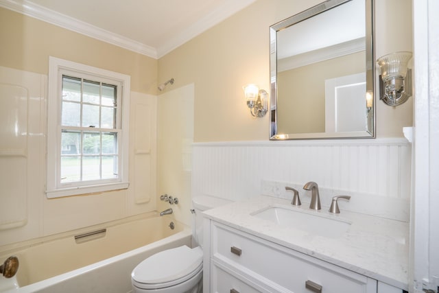 full bath featuring a wainscoted wall, bathtub / shower combination, toilet, crown molding, and vanity