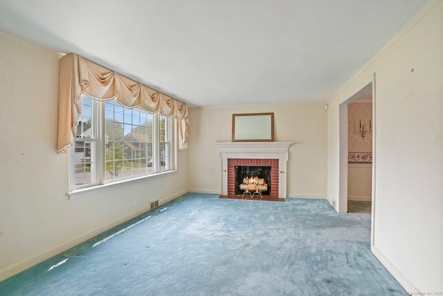 67 Matthew Dr, Stratford, CT 06614 - unfurnished living room with a fireplace, carpet, baseboards, and ornamental molding