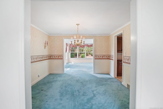 67 Matthew Dr, Stratford, CT 06614 - unfurnished room with a chandelier, light carpet, crown molding, wallpapered walls, and baseboards