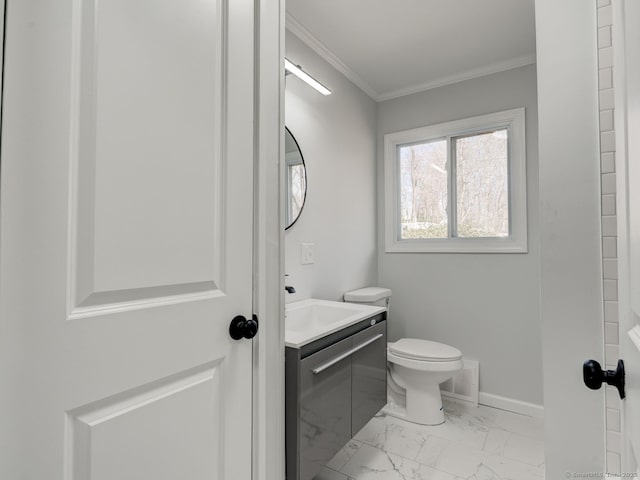 37 Austin Rd, Durham, CT 06422 - bathroom featuring marble finish flooring, vanity, toilet, ornamental molding, and baseboards