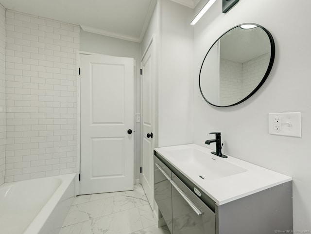 37 Austin Rd, Durham, CT 06422 - bathroom featuring marble look tiles, crown molding, and vanity