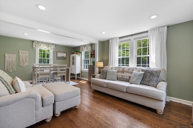 123 Kennerson Reservoir Rd, Ashford, CT 06278 - living room featuring baseboards, dark wood finished floors, and recessed lighting