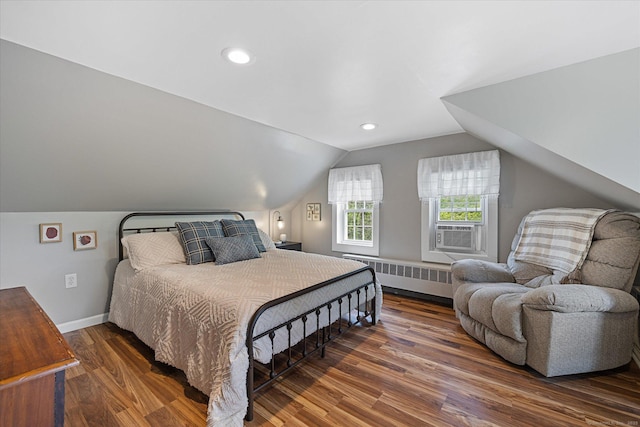 123 Kennerson Reservoir Rd, Ashford, CT 06278 - bedroom with radiator heating unit, wood finished floors, vaulted ceiling, baseboards, and recessed lighting